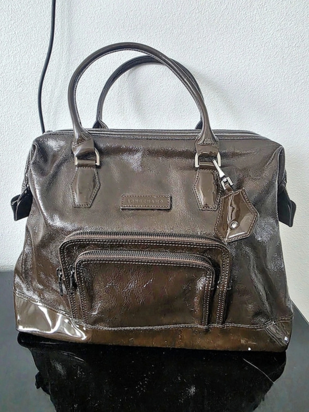 Longchamp Légende Satchel Patent Shoulder Bag in Brown